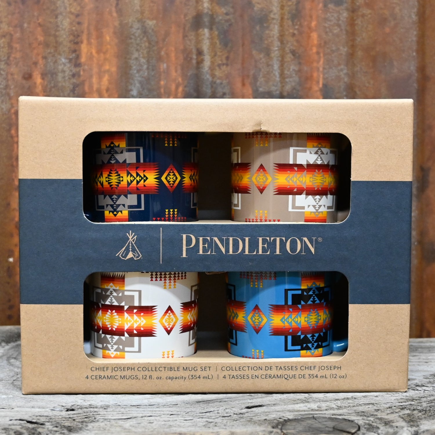 Set of four Pendleton Chief Joseph ceramic mugs, each in a different color with heritage western design