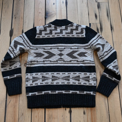 View of Pendleton Shetland zip sweater in Oxford Grey Multi with jacquard pattern and side pockets