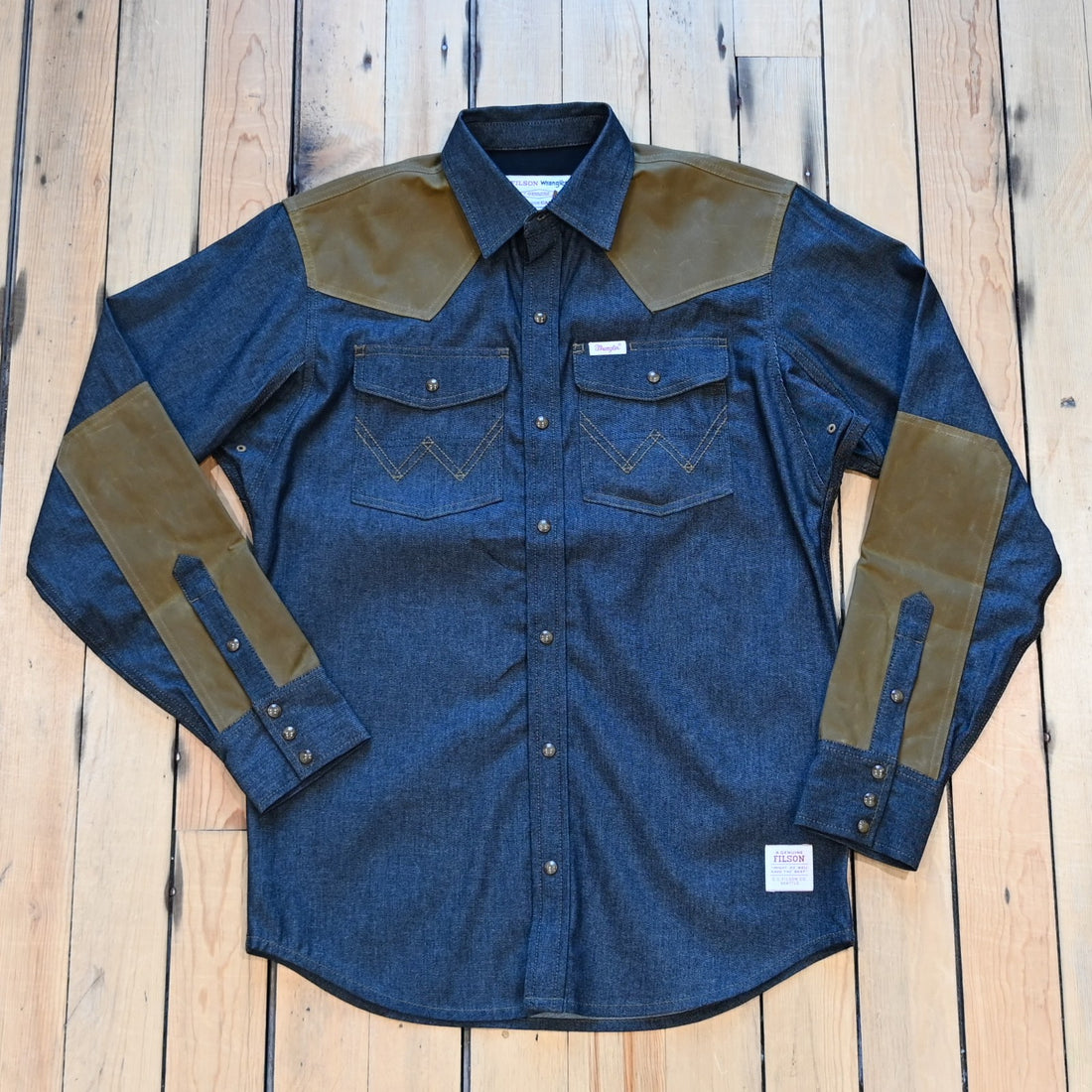 Filson × Wrangler Two-Tone Adventure Shirt in indigo and tan with contrast canvas overlays