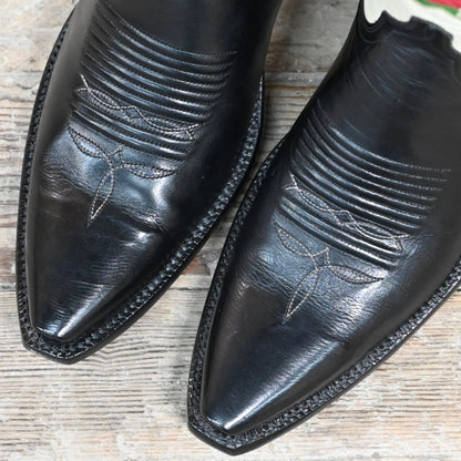 Lucchese Ladies 13-inch black and wheat goat leather boot with red rose inlay and vintage collar