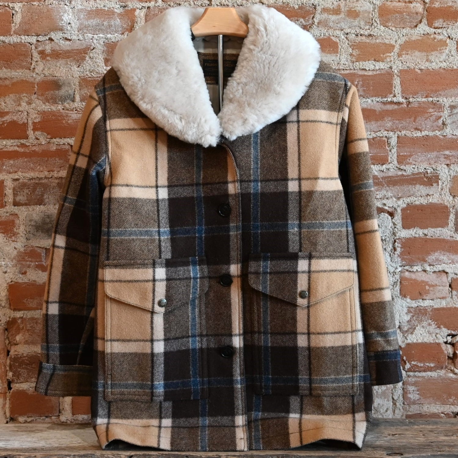 Filson Ladies Lined Wool Packer Coat in Cream Brown Multi Plaid