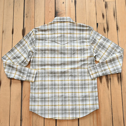 View of RangeTek Western snap shirt in gray and gold Allen plaid with mesh vent and chest pockets