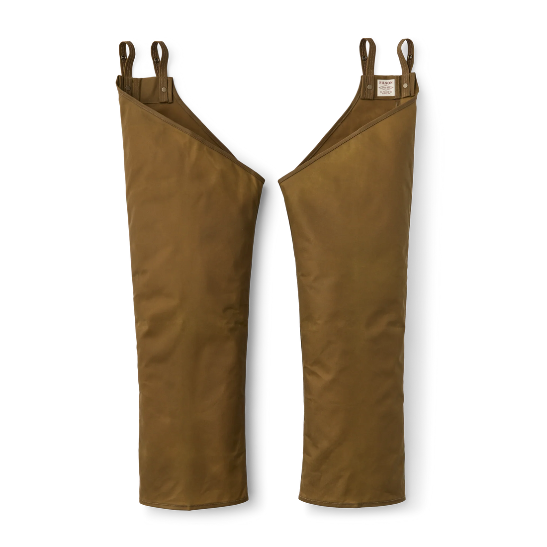 Filson dark tan single tin cloth chaps with adjustable snaps and reinforced stitching