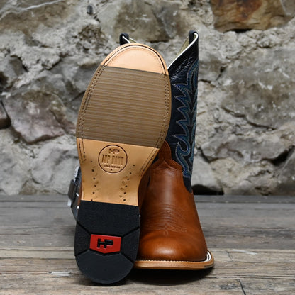 View of Horse Power 11&quot; boot with navy goat top, cognac Belton vamp, medium round toe, and pull straps