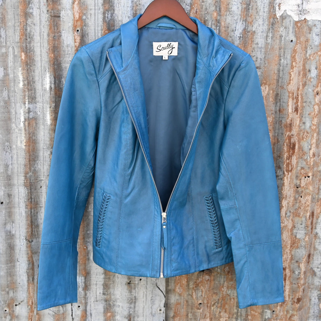 Scully Women’s denim lambskin lightweight leather jacket with zip front and stand up collar