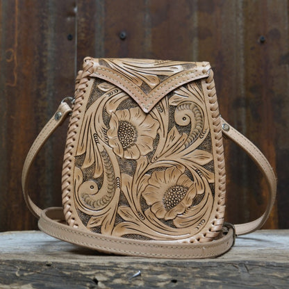 Que Chula Chiquita natural tooled leather crossbody purse with floral Western tooling
