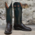 View of Hondo 16" cowboy boot with forest green top, brown retan vamp, pull holes, and double welt stitch
