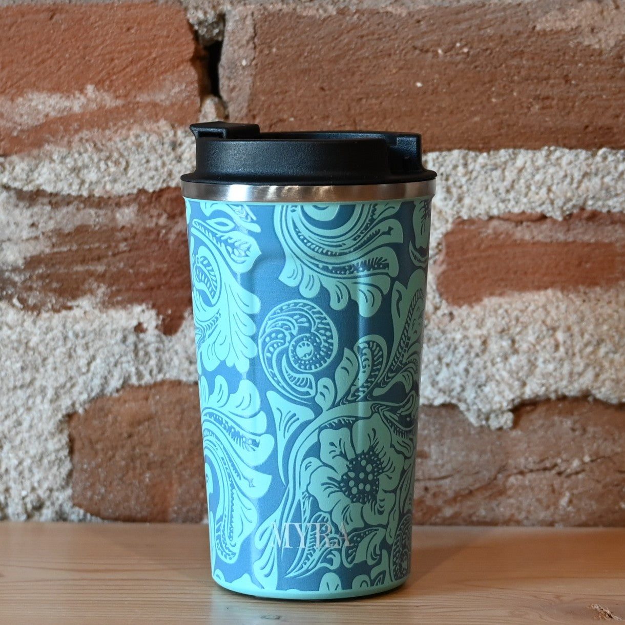 Myra Western Trail Brew stainless steel mug in turquoise design
