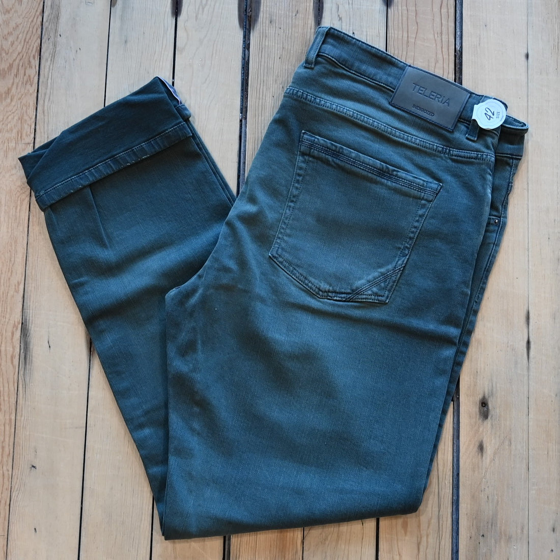 Teleria Zed 5 Pocket Jeans in Loden Green soft Italian olive denim with classic five-pocket design