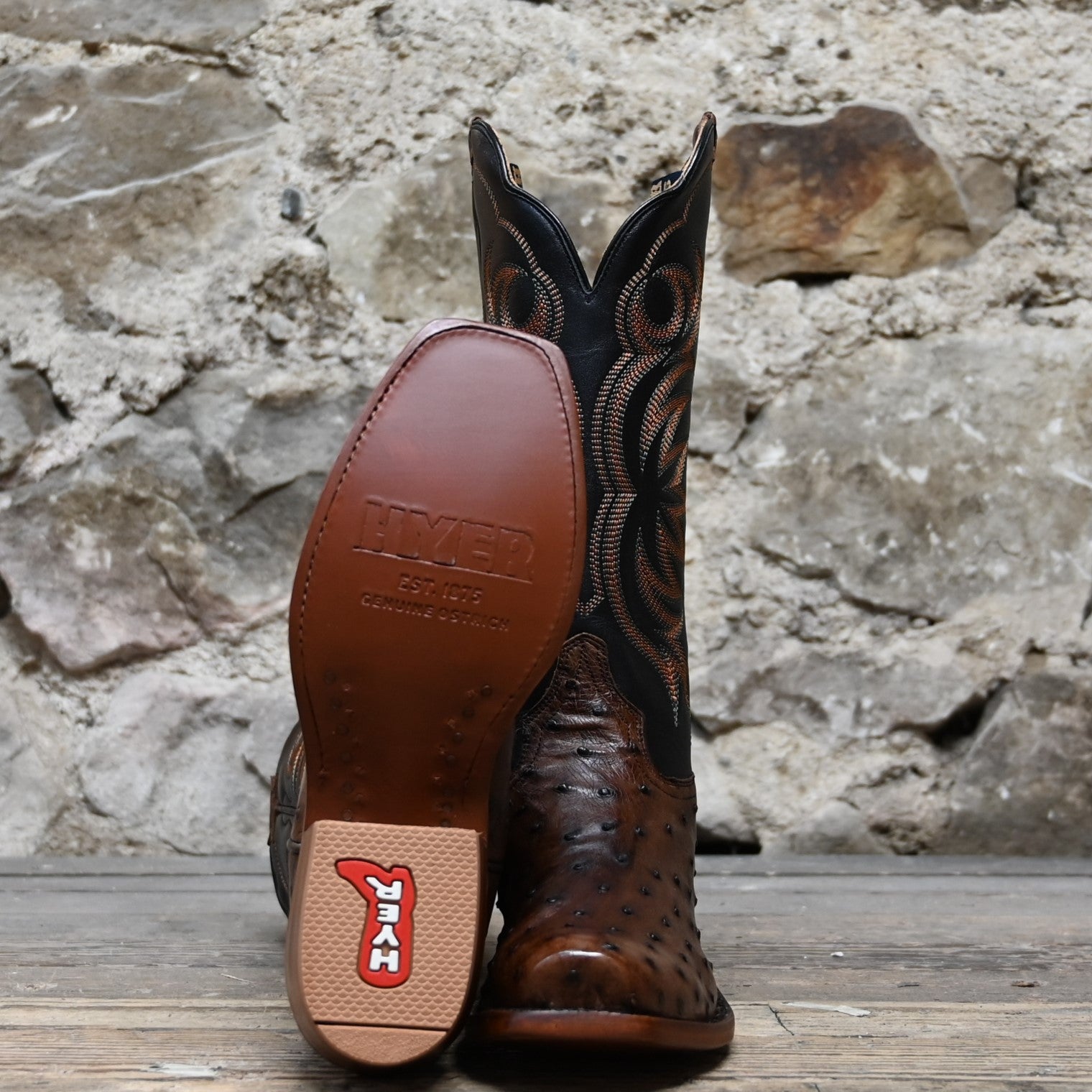 View of Hyer COLBY 13&quot; boots showcasing Tabac Full-Quill Ostrich leather vamp and Black Top-Shelf Cowhide top with Cutter toe and Underslung heel