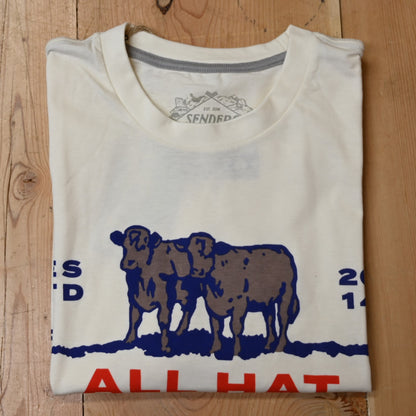 View of Sendero “All Hat No Cattle” T-Shirt in natural with red lettering
