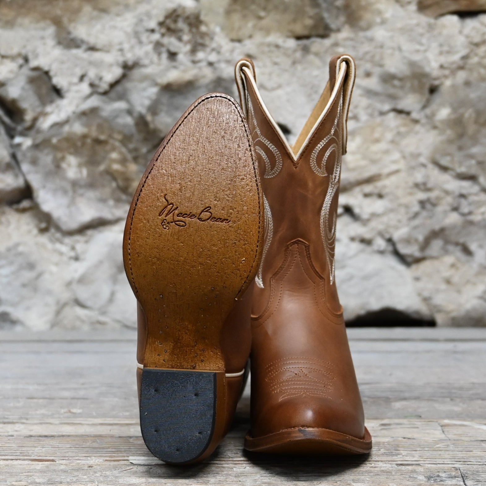 View of Macie Bean 10″ “Hot to Trot” boot in Honey Crazyhorse leather with almond toe and City Girl heel