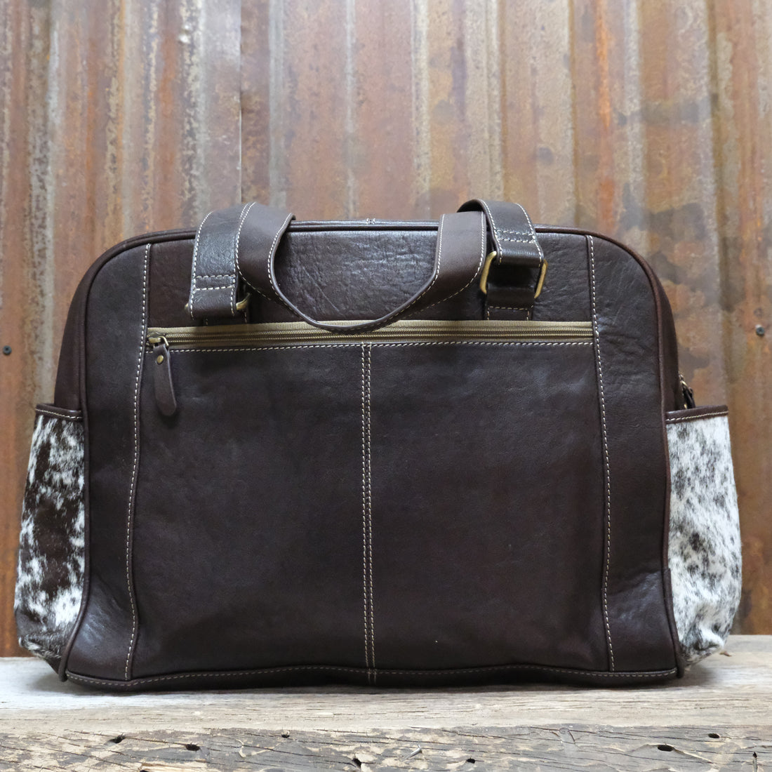 Myra cornflower canvas diaper bag with leather trim and multiple pockets