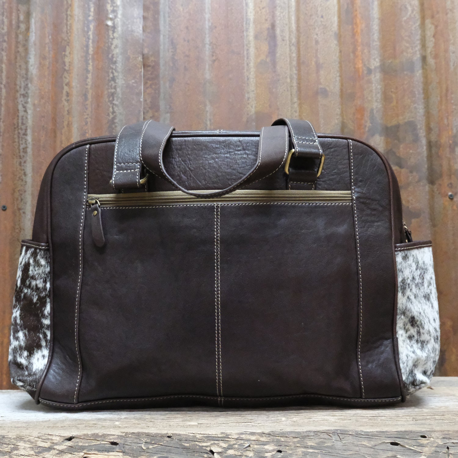 Myra cornflower canvas diaper bag with leather trim and multiple pockets