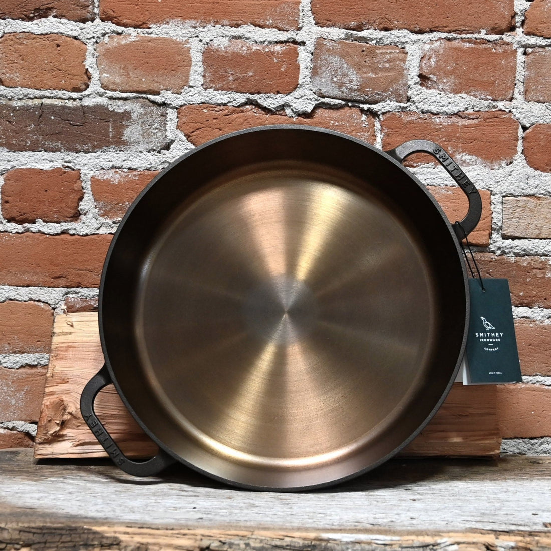 View of Smithey No. 14 Dual Handle Cast Iron Skillet with polished interior and dual ergonomic handles