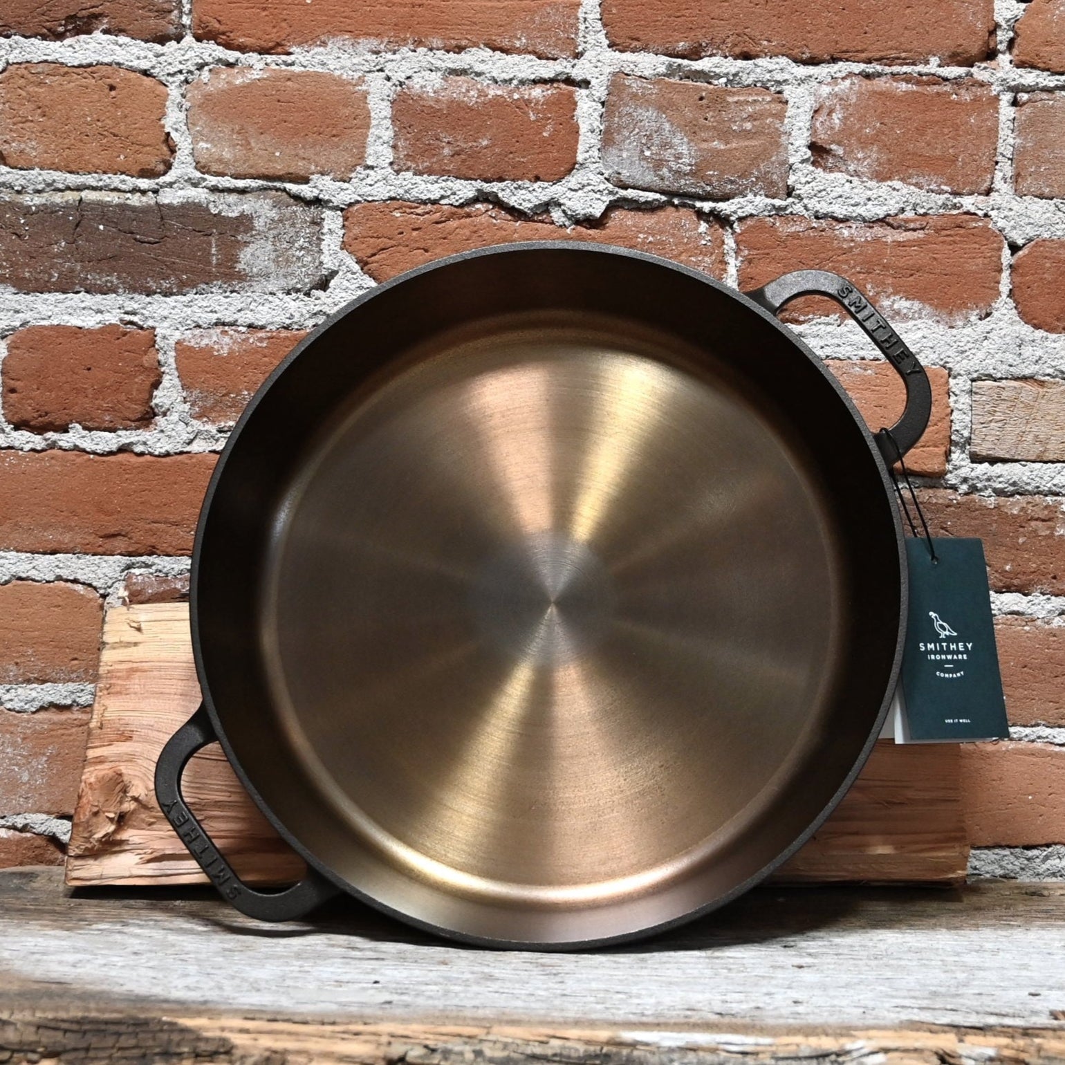 View of Smithey No. 14 Dual Handle Cast Iron Skillet with polished interior and dual ergonomic handles