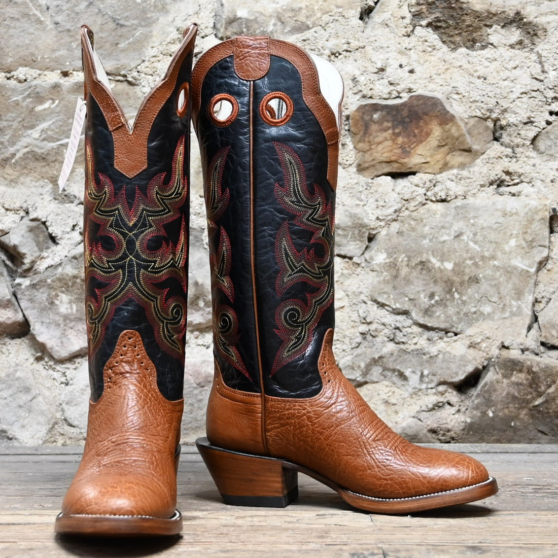 View of Hondo 16" cowboy boot with black volcano top, walnut Spanish shoulder vamp, W toe, and pull holes