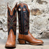 View of Hondo 16" cowboy boot with black volcano top, walnut Spanish shoulder vamp, W toe, and pull holes