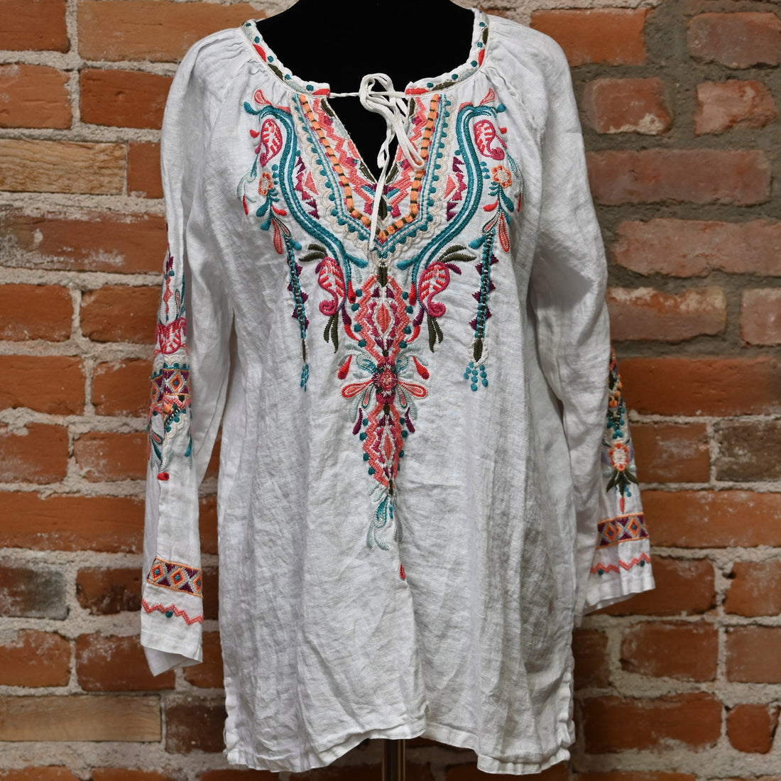Johnny Was Kris Linen Peasant Blouse in white with embroidery and tassel ties