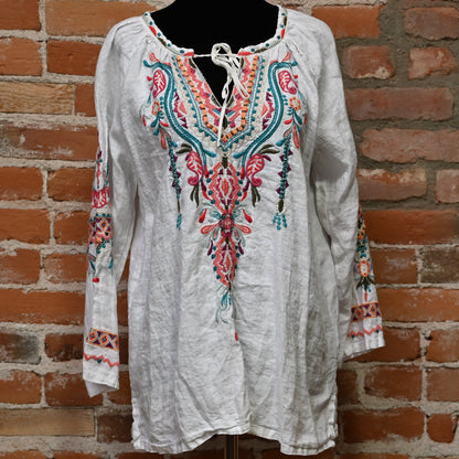 Johnny Was Kris Linen Peasant Blouse in white with embroidery and tassel ties