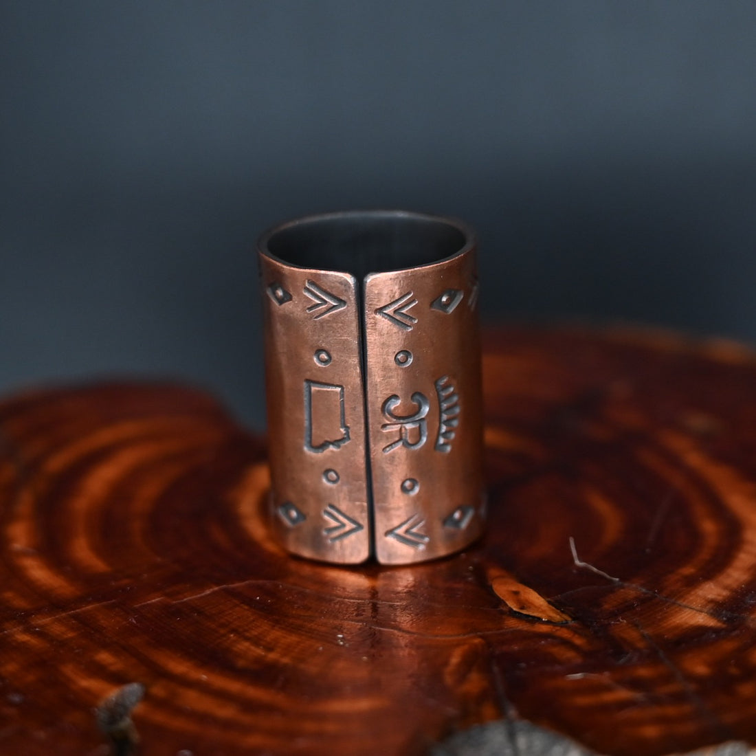 Calico Rose Tobacco Root Barrel copper scarf slide with handcrafted Western design