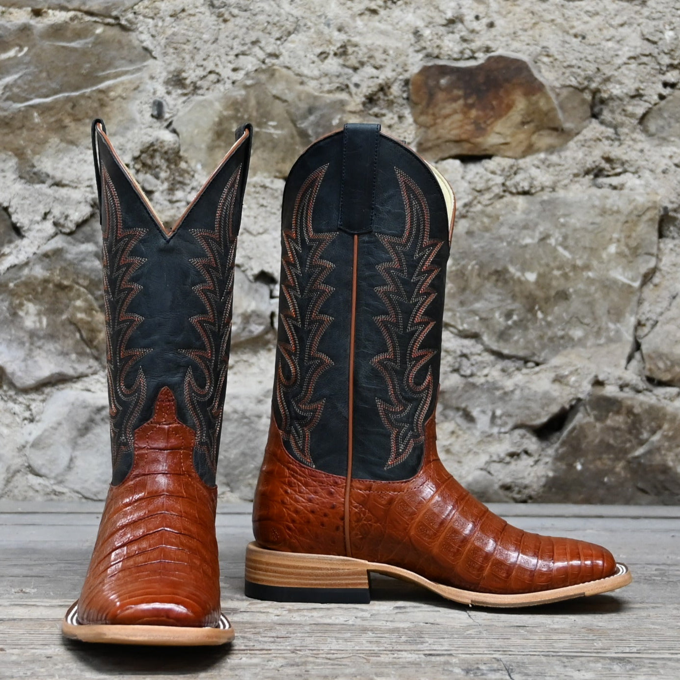 View of Macie Bean 12″ boot with blue shaft and brandy caiman belly vamp, DB toe and roper heel