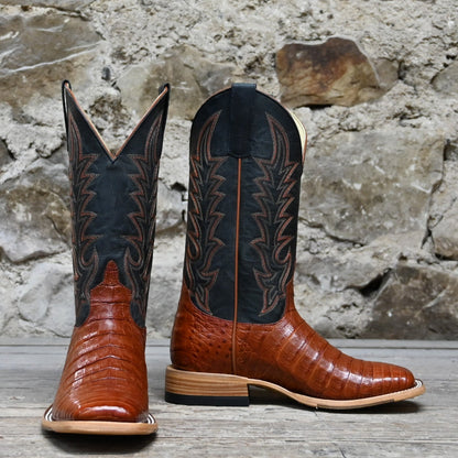 View of Macie Bean 12″ boot with blue shaft and brandy caiman belly vamp, DB toe and roper heel
