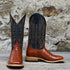 View of Macie Bean 12″ boot with blue shaft and brandy caiman belly vamp, DB toe and roper heel