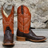 View of Hondo 11" cowboy boot with orange volcano top, brown full quill ostrich vamp, and medium square toe