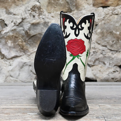 Lucchese Ladies 13-inch black and wheat goat leather boot with red rose inlay and vintage collar