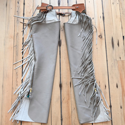 View of K Bar J Borderline Versatility Chap in Small with fringe and leather border