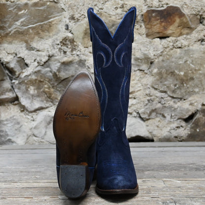 View of Macie Bean 15″ “Midnight In Paris” boot in marine blue suede with almond toe and cowgirl heel