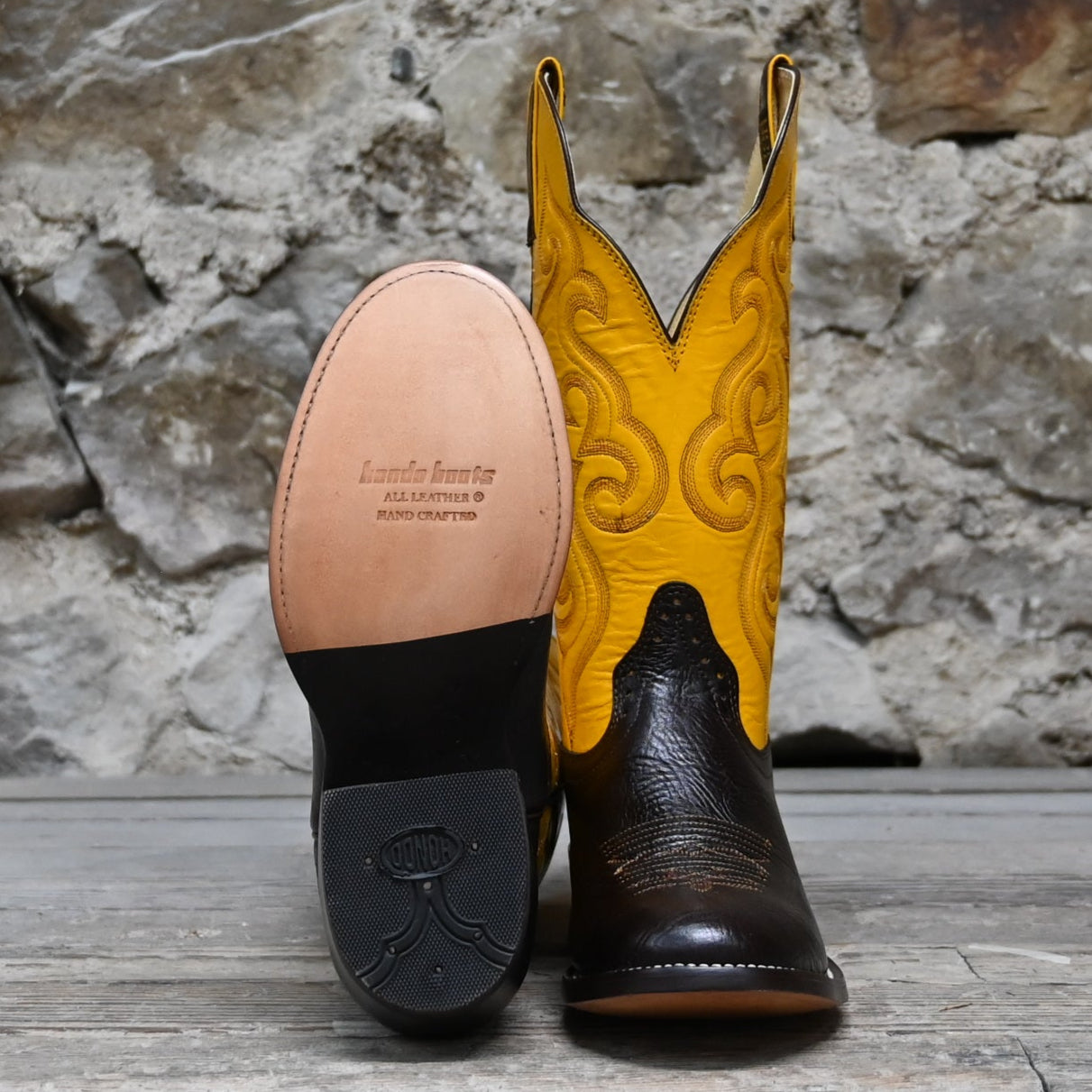 View of Hondo 13&quot; cowboy boot with yellow top, chocolate shoulder vamp, and wide round toe