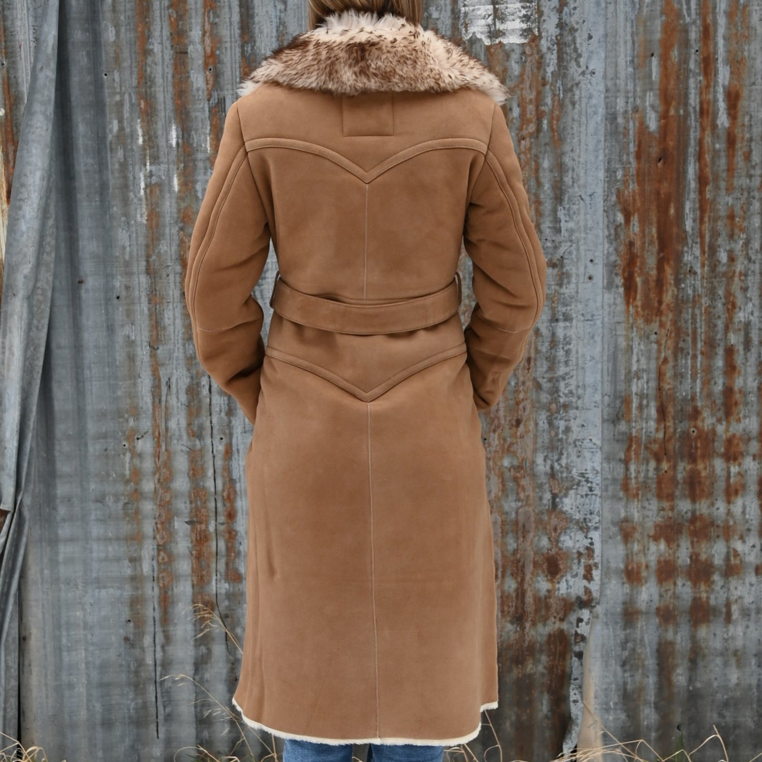 Schaefer Outfitter ladies long shearling coat full-length belted design