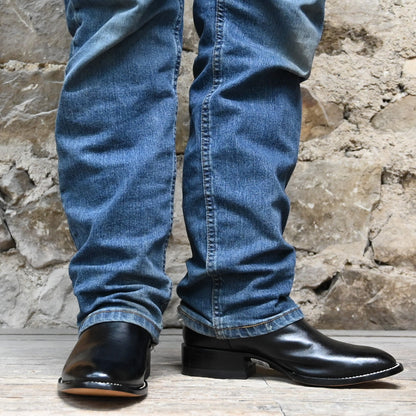 View of Hondo black cowboy boot with medium round toe, 11&quot; top, and pull straps