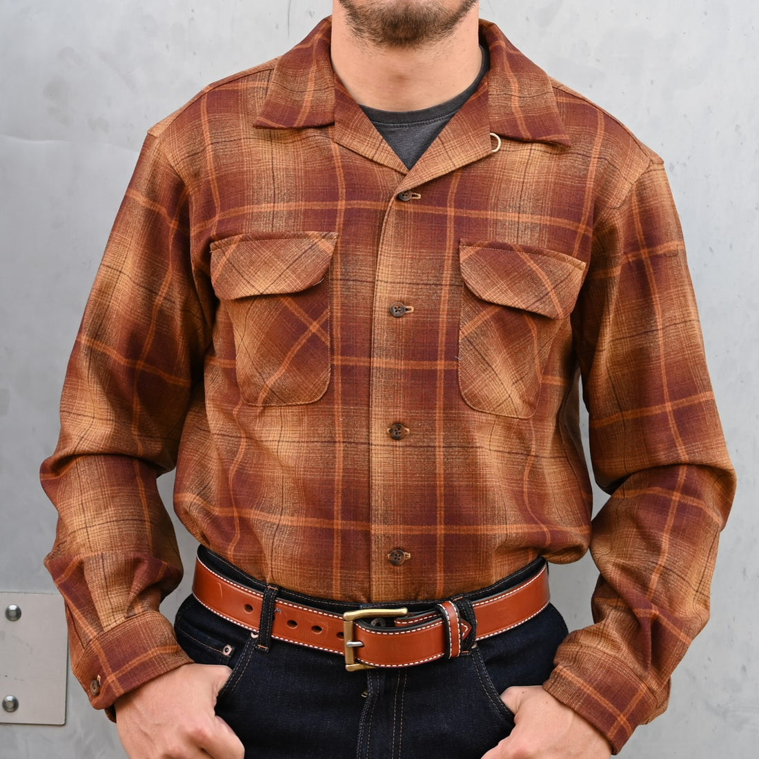 View of Pendleton gold-to-rust ombre board shirt in virgin wool with chest pockets