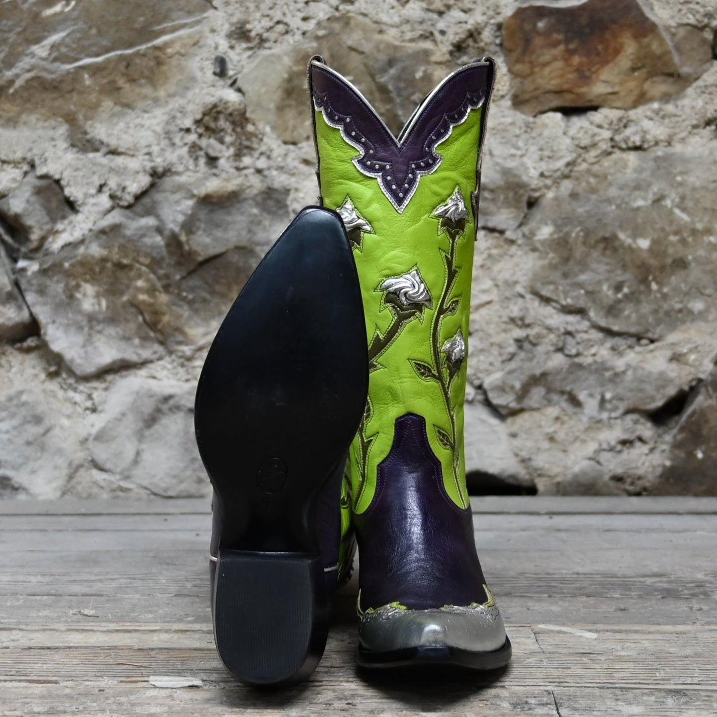 View of Stallion Ladies 14&quot; Rosebud boot with kelly green uppers, purple vamp, and silver wingtip