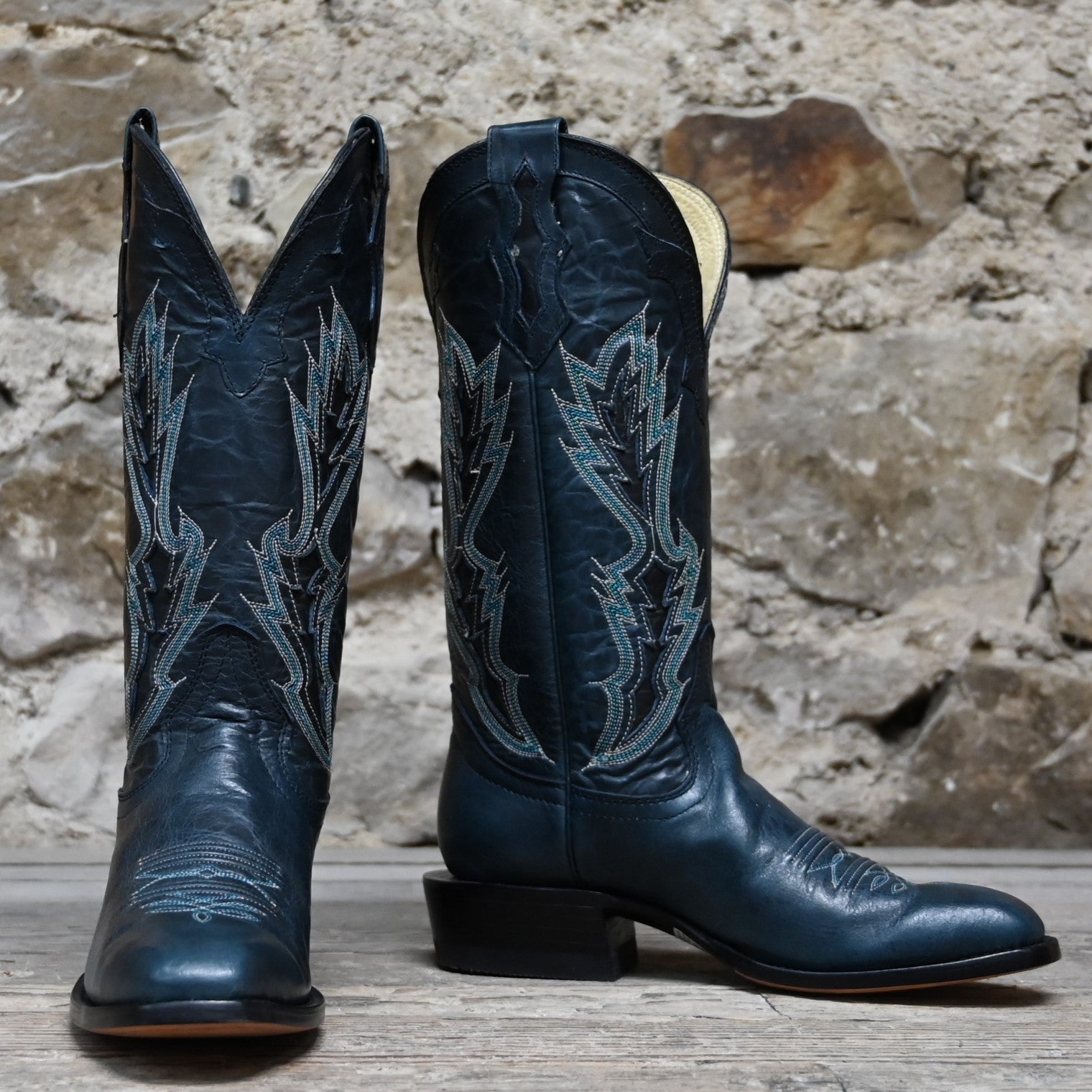 View of Hondo 13&quot; cowboy boot in blue cowhide with tight French square toe and spur ledge