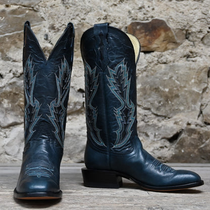 View of Hondo 13&quot; cowboy boot in blue cowhide with tight French square toe and spur ledge