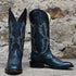 View of Hondo 13" cowboy boot in blue cowhide with tight French square toe and spur ledge