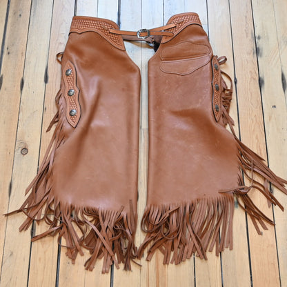 View of K Bar J Oil Tan Chinks with Basket Weave Top