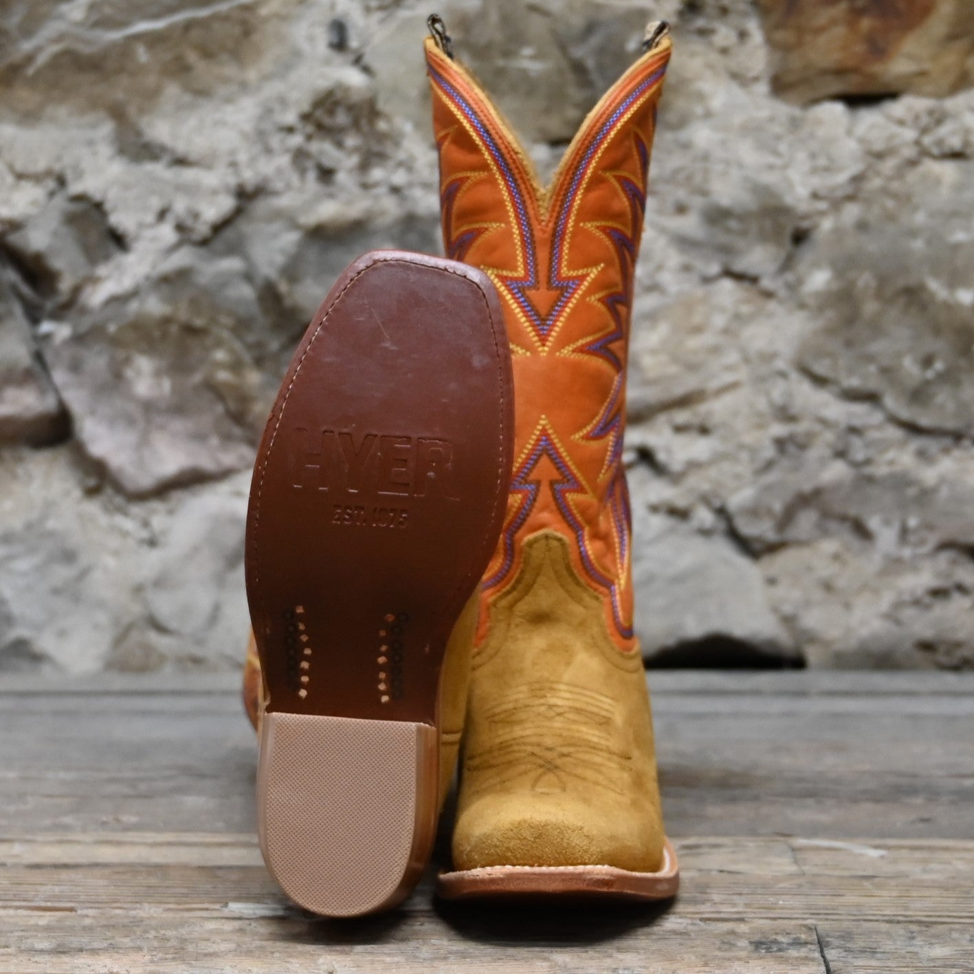 View of Hyer ROSE HILL 13&quot; boots showcasing tangerine vintage goat top and bronze napped roughout cowhide vamp with Cutter toe and leather stacked heel