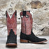 View of Hondo 11" cowboy boot with red crater top, black roughout vamp, wide square toe, and pull holes