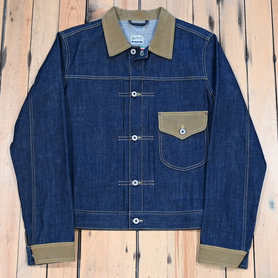 Blue Blanket Corduroy Collar Denim Jacket in Pure Indigo with flap pockets and metal buttons