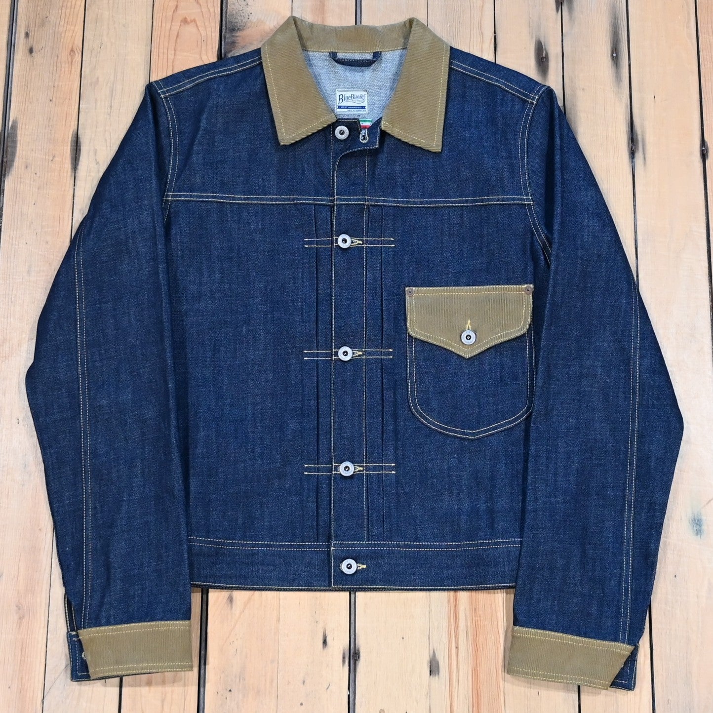 Blue Blanket Corduroy Collar Denim Jacket in Pure Indigo with flap pockets and metal buttons