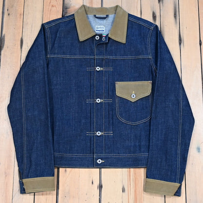 Blue Blanket Corduroy Collar Denim Jacket in Pure Indigo with flap pockets and metal buttons