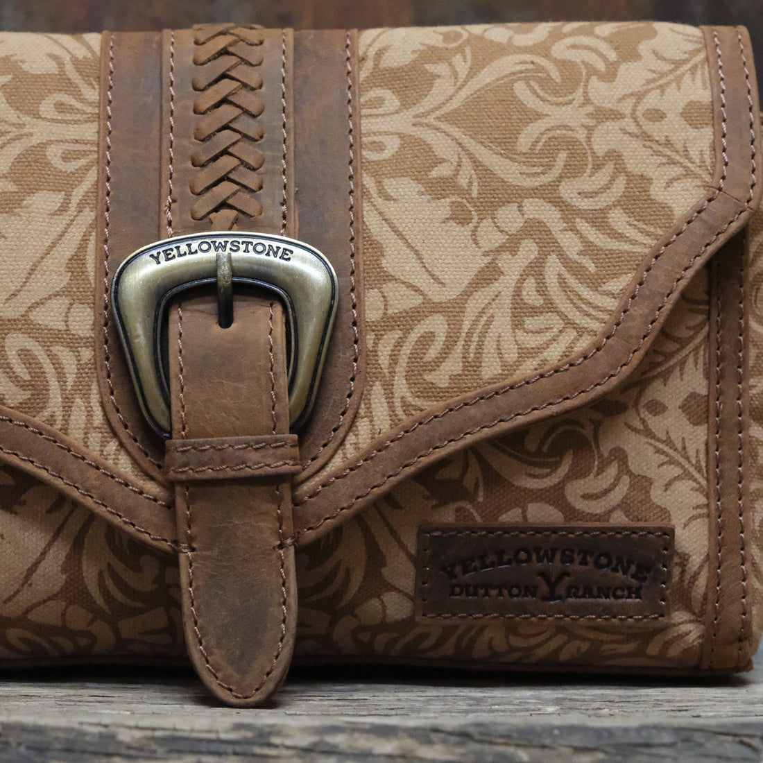 Myra Yellowstone Maverick Sky printed canvas crossbody bag in amber with buckle and leather trim