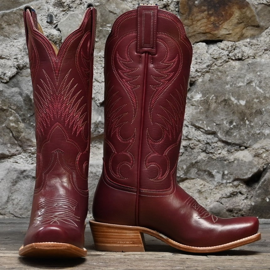 Hyer Leawood ladies’ red cowhide cutter toe boot with 13-inch shaft and historic stitch detailing.