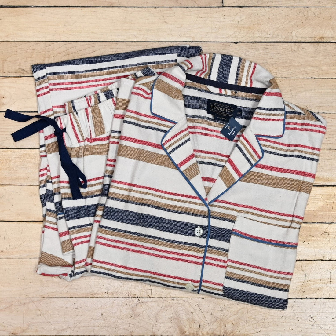 View of Pendleton ladies cotton pajama set in Ivory Scout Stripe—lightweight, soft two-piece with button top and relaxed-fit drawstring pants