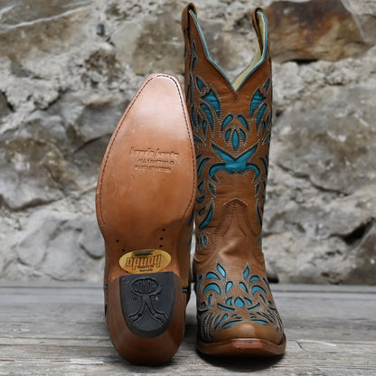 View of Hondo 13&quot; cowboy boot in brown goat with turquoise inlays and tight snip toe